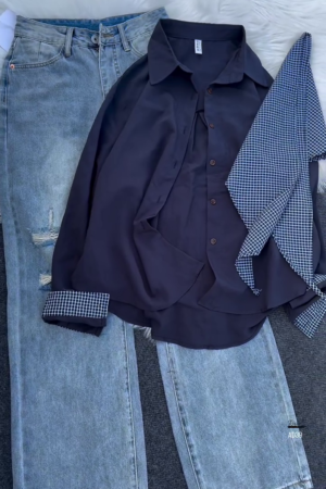 Women’s Button-Down Blouse with Detachable Checkered Scarf