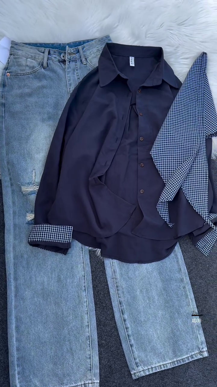 Women’s Button-Down Blouse with Detachable Checkered Scarf