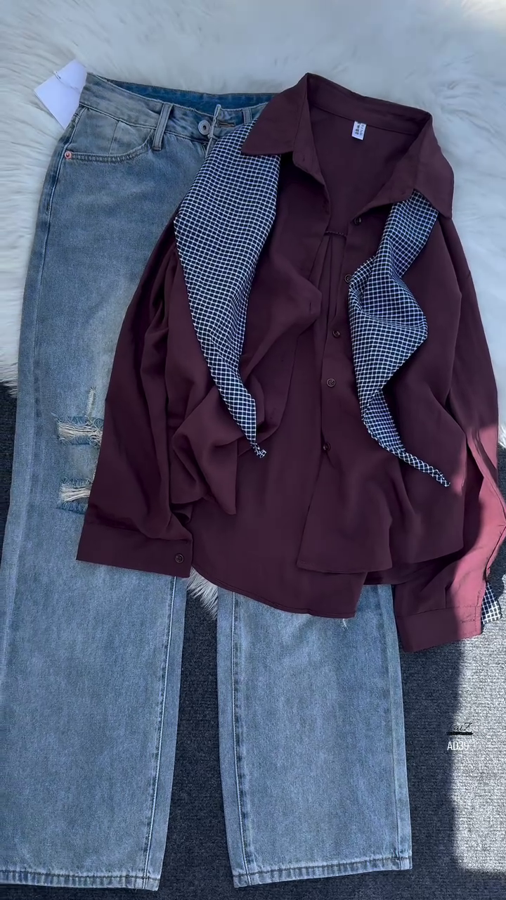 Women’s Button-Down Blouse with Detachable Checkered Scarf - Image 2