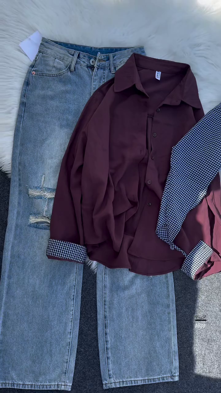 Women’s Button-Down Blouse with Detachable Checkered Scarf - Image 4