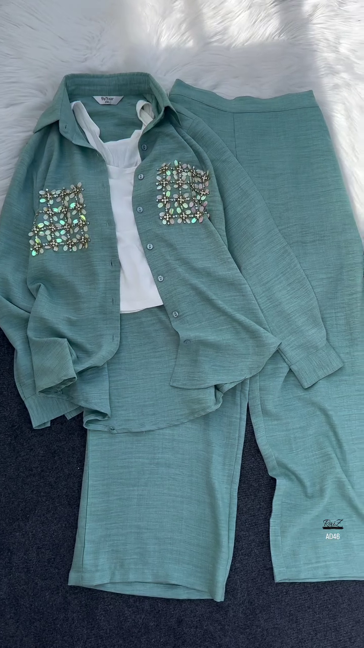 Women’s Teal Embellished Two-Piece Set - Image 2