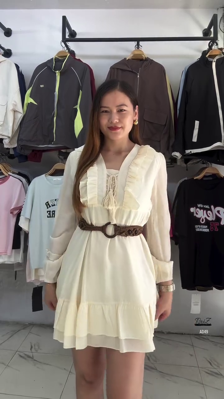 Cream Long-Sleeve Ruffled Mini Dress - Image 2