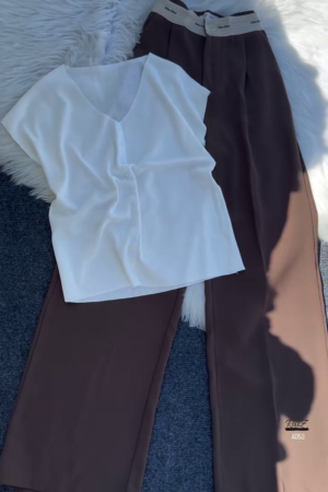 White Button-Down Sleeveless Top & High-Waist Brown Trousers Set
