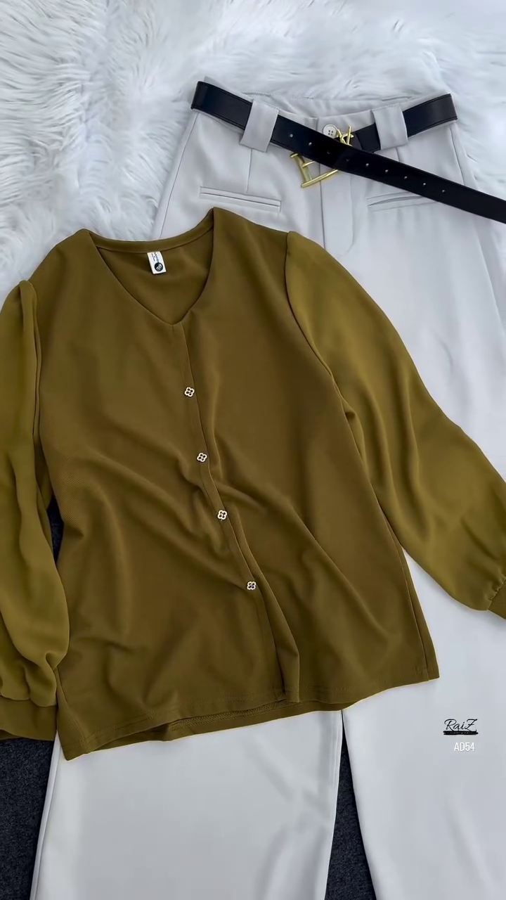 Olive Green Button-Down Blouse & Cream Wide-Leg Trousers Set - Image 4