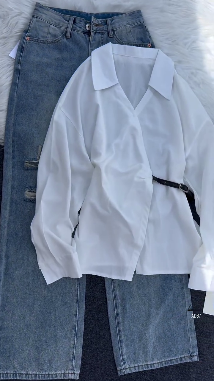 White Collared Wrap Blouse with Belt Detail - Image 4