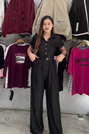 Black Short-Sleeve Button-Down Jumpsuit with Belt