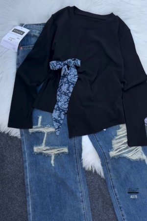 Casual Long Sleeve Top & Denim Jeans Outfit Set