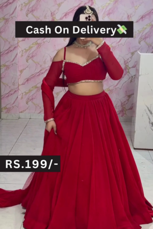 Bold Red Off-Shoulder Lehenga Choli Set with Mirror Selfie Styling  Youthful Elegance for Festive Glam