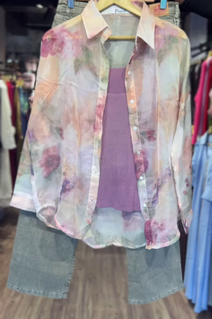 Sheer Floral Print Shirt with Ribbed Knit Tank – Elegant Layered Look
