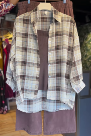 Brown Plaid Overshirt & Ribbed Tank Co-ord Set – Relaxed & Trendy