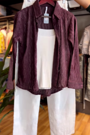 Wine Textured Shirt & White Wide-Leg Pants – Sophisticated Elegance with a Modern Twist