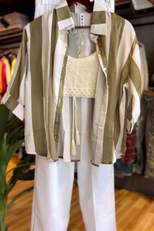 Olive & White Striped Shirt with Crochet Bralette & Wide-Leg Pants – Effortless Boho Chic