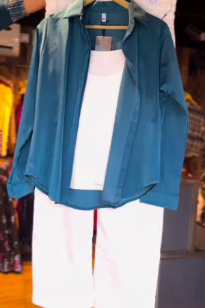 Teal Satin Shirt with White Tank Top & Wide-Leg Pants – Effortless Luxe