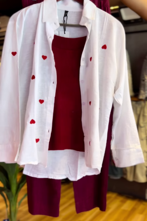 White & Red Heart Embroidered Co-ord Set – Chic & Playful