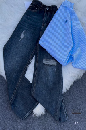 Classic Blue Striped Shirt & Distressed Black Denim – Chic Streetwear