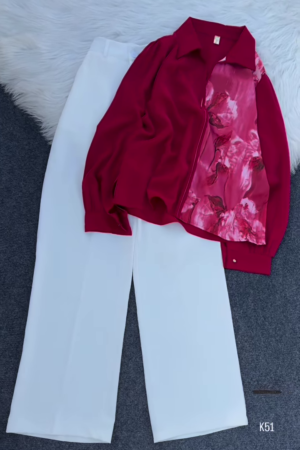 Elegant Floral Blouse & Wide-Leg Pants Set – Chic & Sophisticated