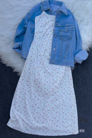 Casual Floral Midi Dress with Denim Jacket – Effortless Chic