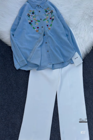 Embroidered Denim Shirt with White Wide-Leg Pants – Classic & Elegant