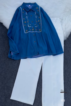 Embroidered Denim Shirt with White Wide-Leg Pants – Elegant & Stylish