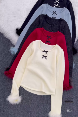 Fur-Cuffed Bow Detail Sweaters 🧥 Available in Black, Light Blue, Dark Grey, Red & Cream
