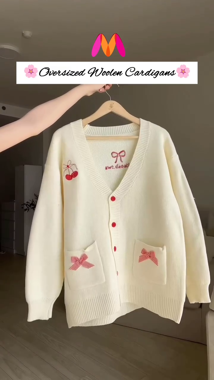Oversized Woolen Cardigan 🧵💙 With Bow Pockets & Emblem Detail – White & Blue Variant - Image 4