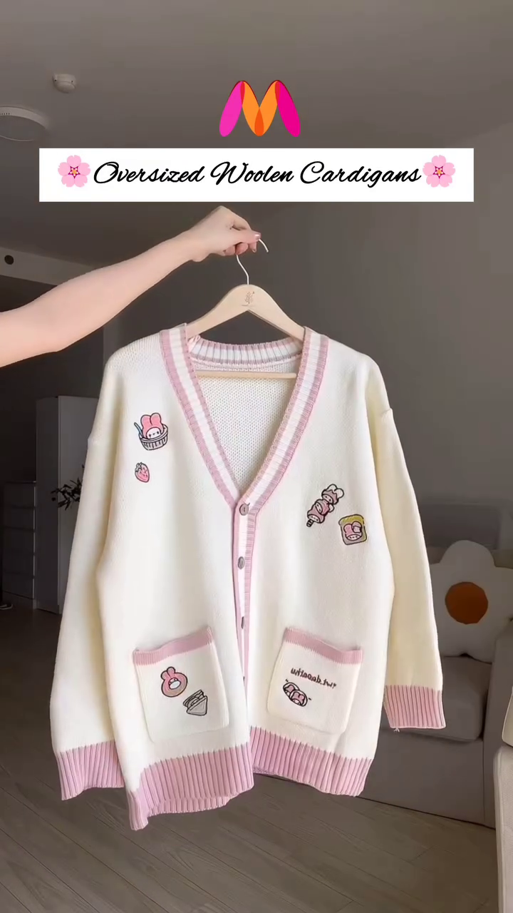 Oversized Woolen Cardigan 🧵💙 With Bow Pockets & Emblem Detail – White & Blue Variant - Image 5