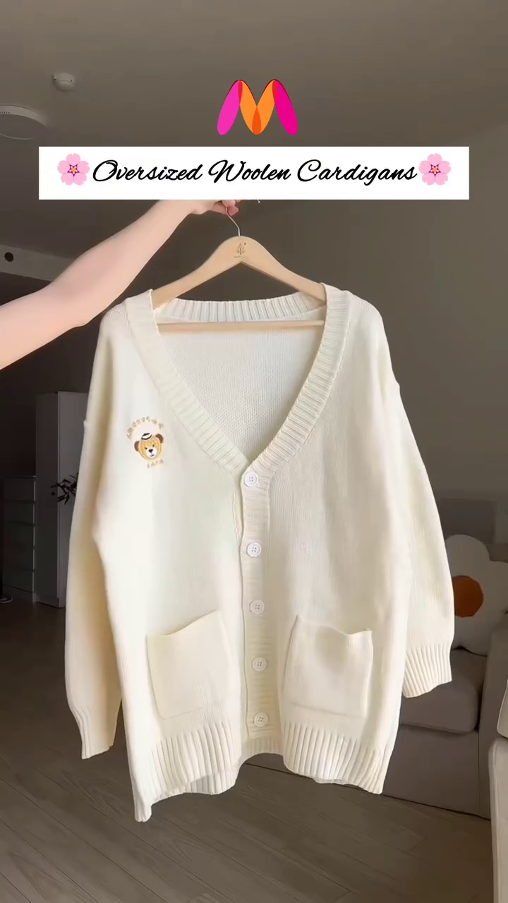 Oversized Woolen Cardigan 🧵💙 With Bow Pockets & Emblem Detail – White & Blue Variant - Image 6