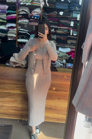 Knitted 3-Piece Co-ord Set 🧶🤍 With Cardigan, Crop Top & Long Skirt – Beige Variant