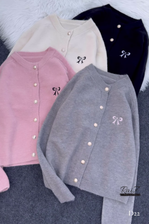 Bow-Embroidered Pearl Button Cardigans 🧥🎀 – Soft Knit Layers in Cream, Black, Pink & Gray Variants