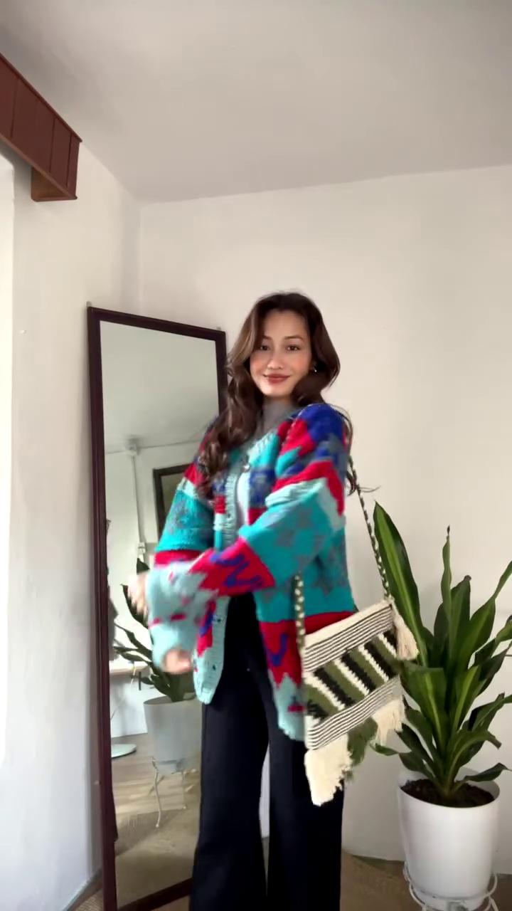 Multicolor Patterned Cardigan ๐งฅ๐ โ Bold Knit Layer in Blue, Red & Teal with Seasonal Styling