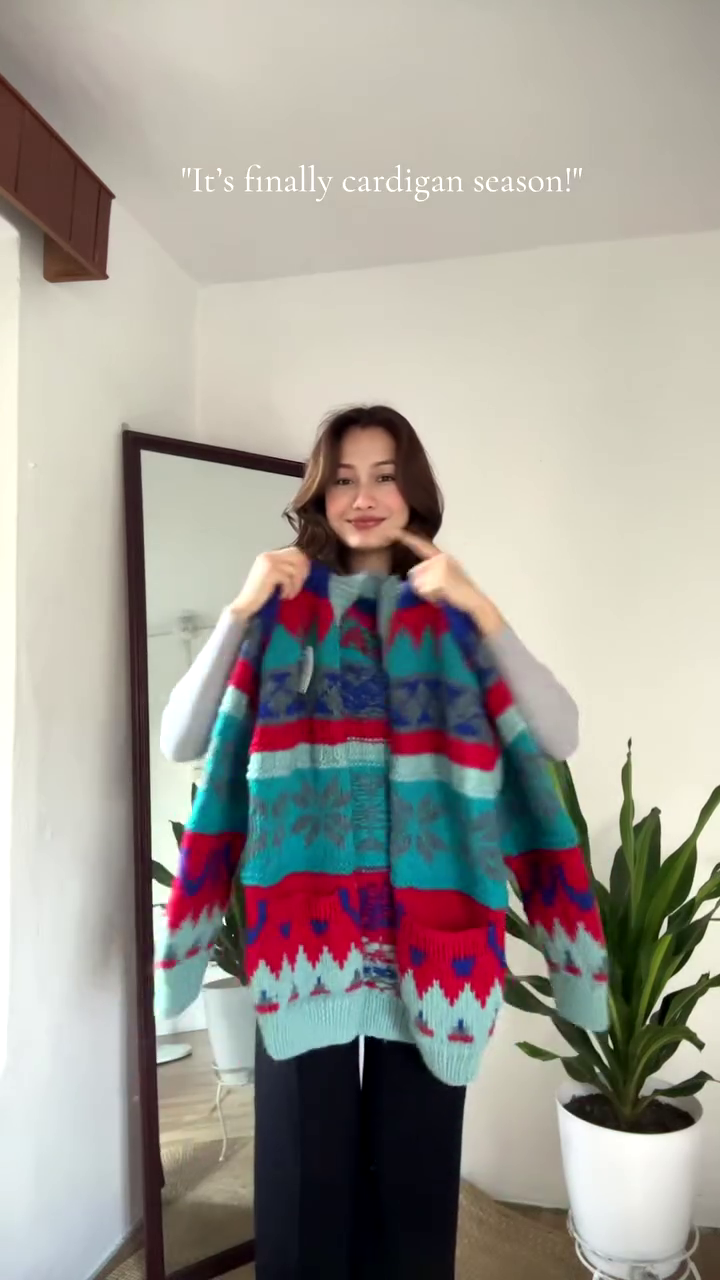Multicolor Patterned Cardigan ๐งฅ๐ โ Bold Knit Layer in Blue, Red & Teal with Seasonal Styling - Image 2