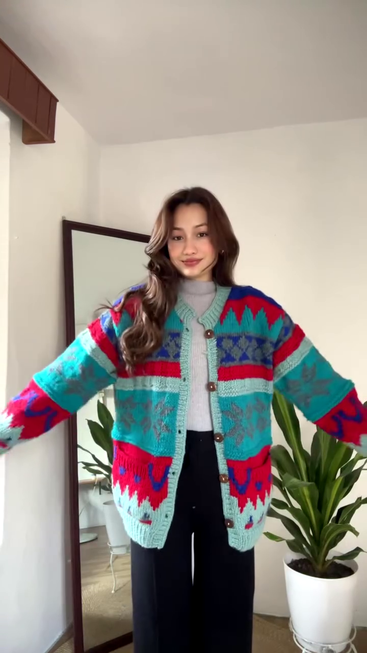 Multicolor Patterned Cardigan ๐งฅ๐ โ Bold Knit Layer in Blue, Red & Teal with Seasonal Styling - Image 3
