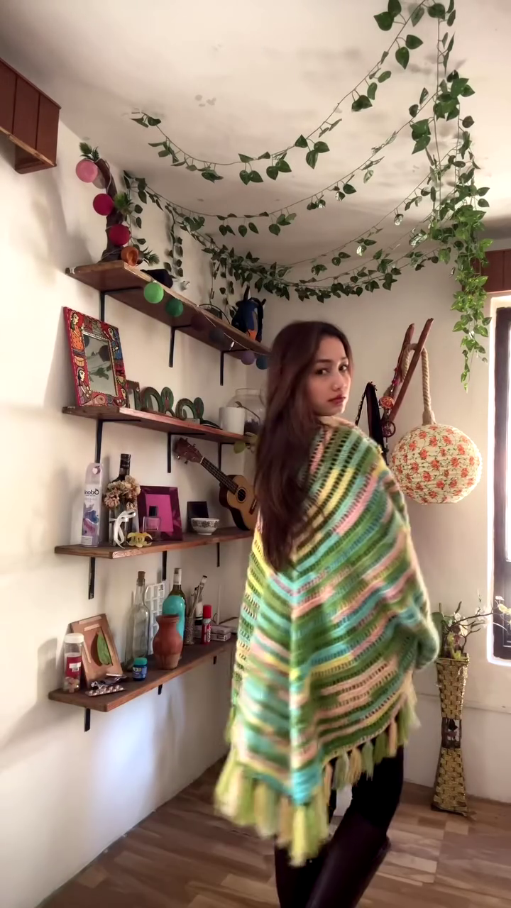 Multicolor Crocheted Shawl with Fringe Detailing ๐งถ๐ โ Boho Knit Layer Styled Over Black Top - Image 3