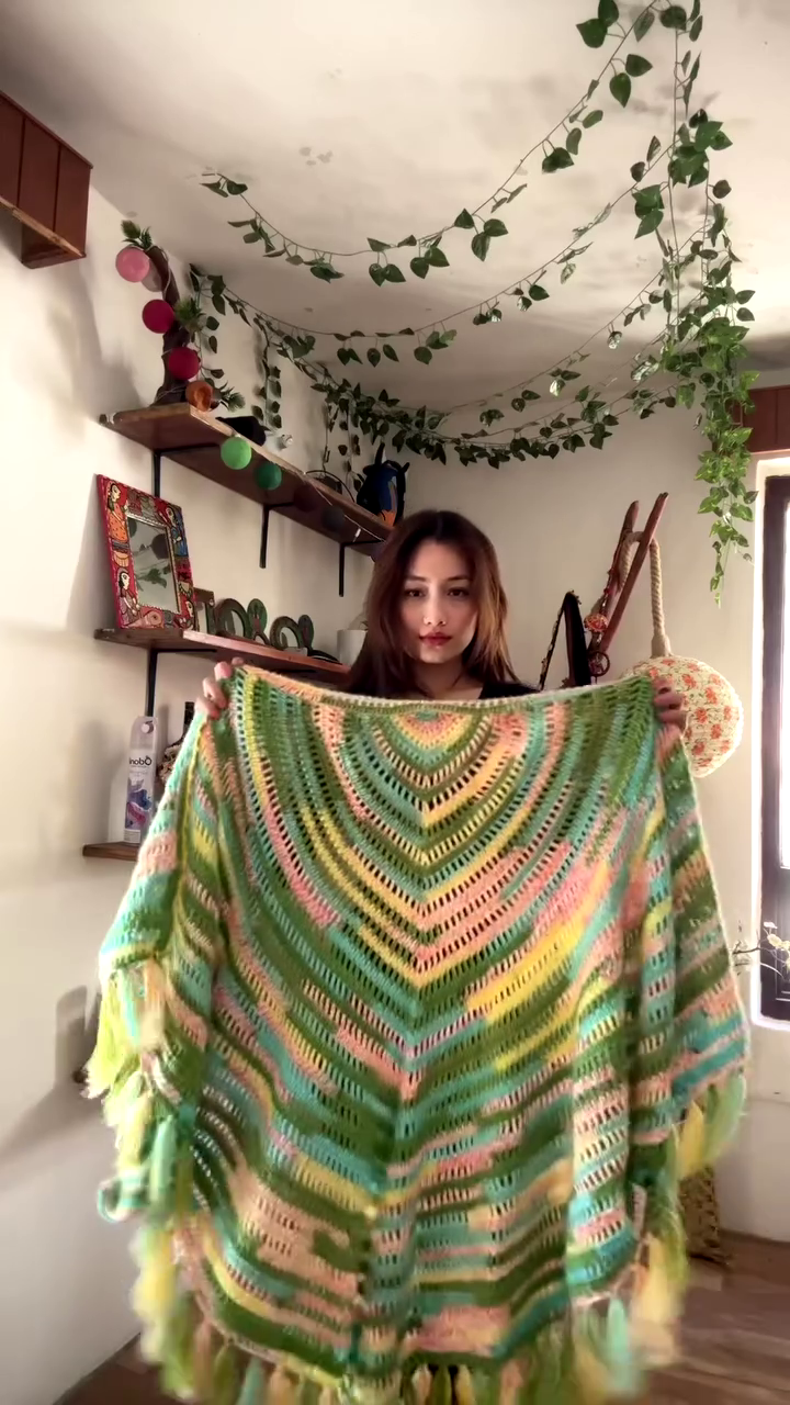 Multicolor Crocheted Shawl with Fringe Detailing ๐งถ๐ โ Boho Knit Layer Styled Over Black Top