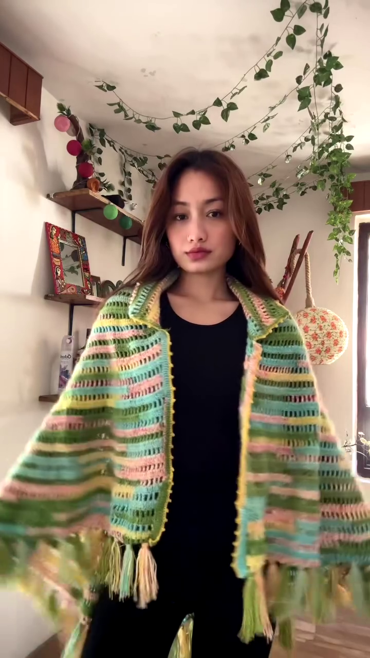 Multicolor Crocheted Shawl with Fringe Detailing ๐งถ๐ โ Boho Knit Layer Styled Over Black Top - Image 2