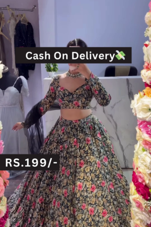 Black Floral Printed Lehenga Choli Set with Pink-Yellow Bloom Motifs and Casual Fit