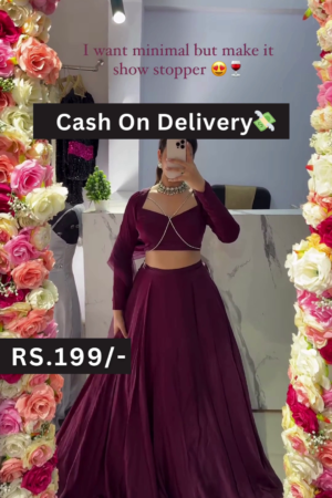 Dark Maroon Long-Sleeve Lehenga Set with Chain Accent and Statement Choker  Minimalist Glam for Every Festive Moment