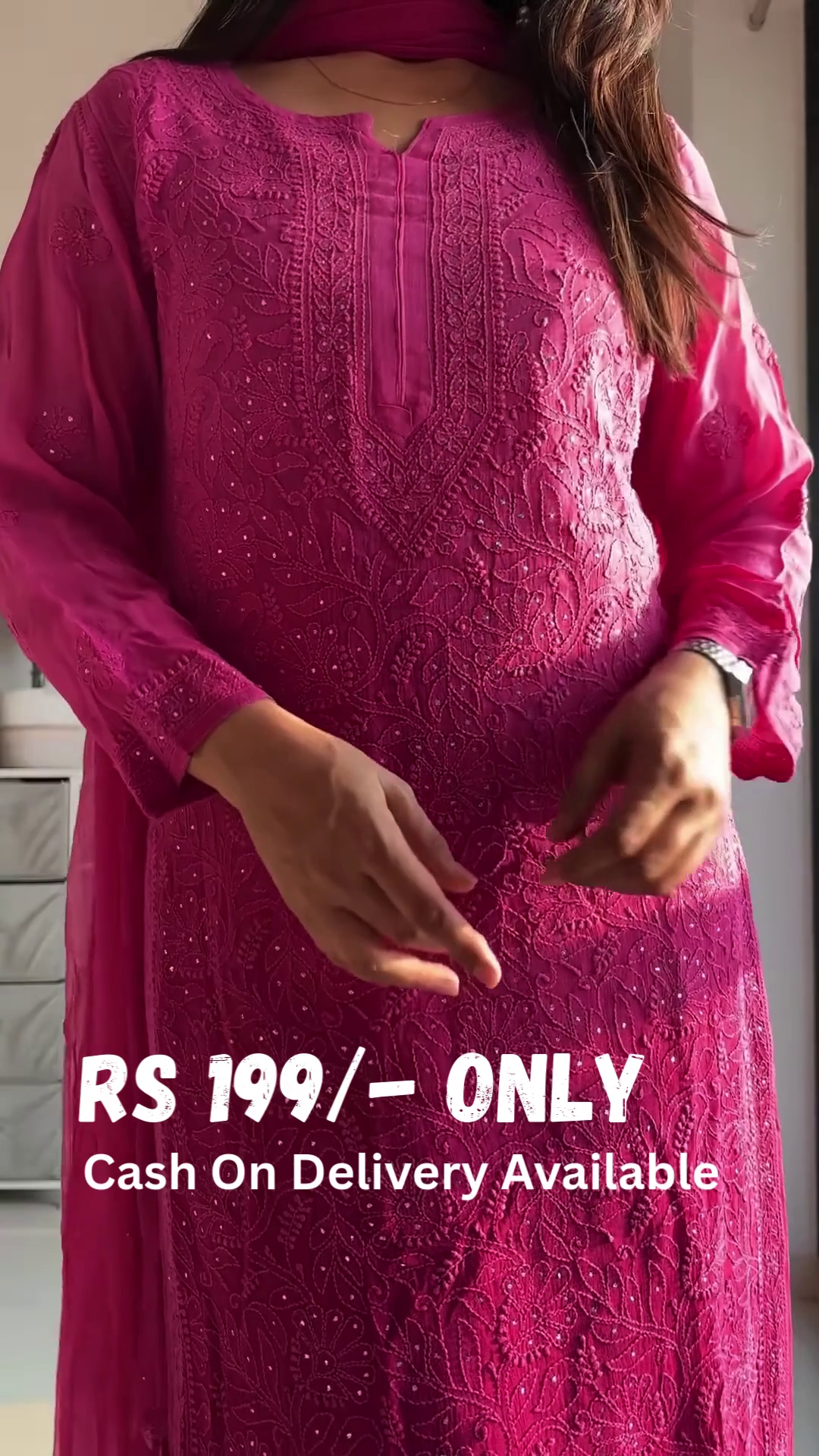 Elegant Chikankari Kurta Set – Blue & Pink - Image 2