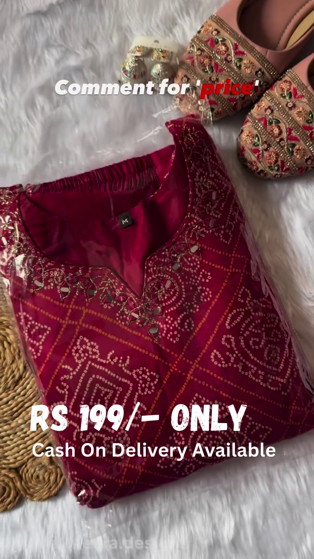 Maroon Bandhani Print Long Kurta with Golden Embellishments