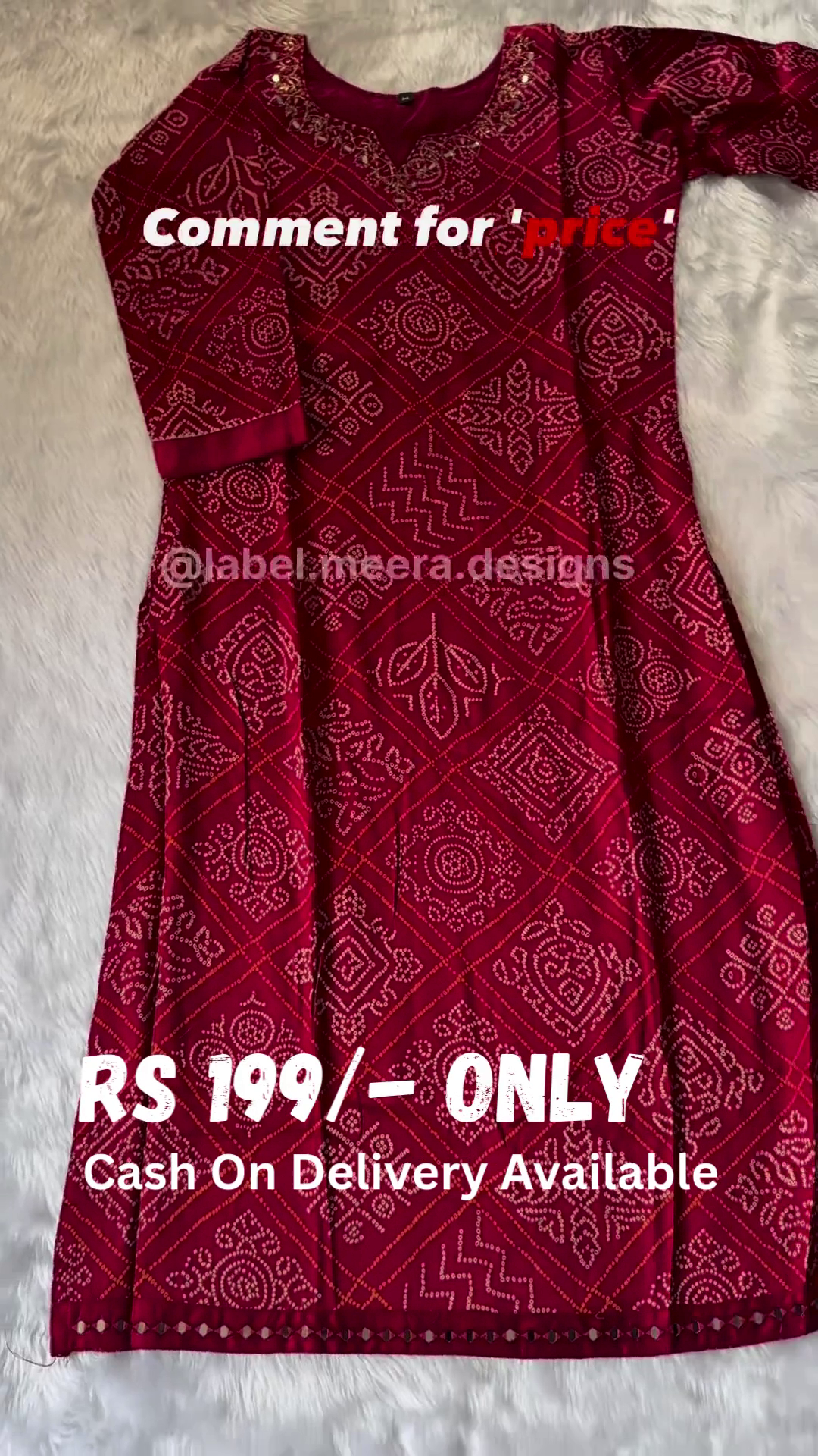 Maroon Bandhani Print Long Kurta with Golden Embellishments - Image 2