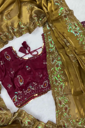 Premium Maroon Embroidered Designer Blouse with Heavy Golden Dupatta