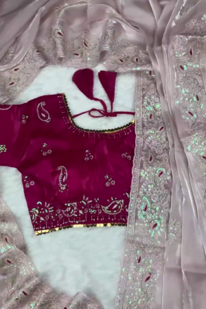 Premium Magenta Embroidered Designer Blouse with Elegant Pastel Dupatta Set
