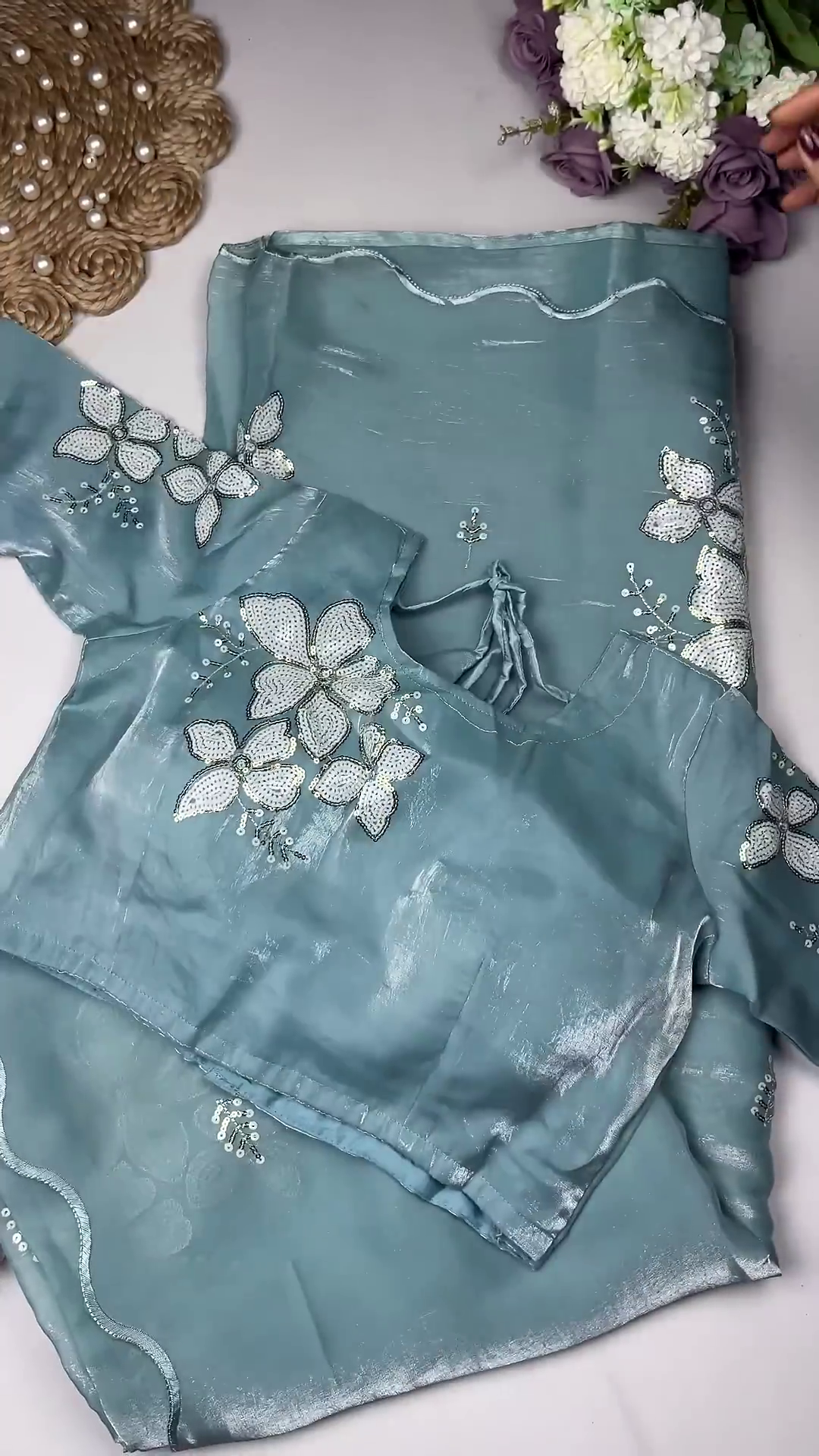 Lilac Orchid Embroidered Designer Blouse with Scalloped Dupatta Set - Image 2