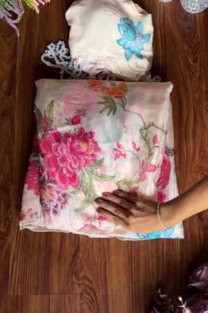 Blooming Cream Floral Print Designer Lehenga Choli Set with Pearl Accents