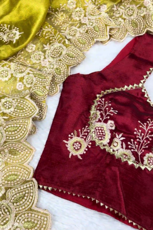 Regal Maroon Embroidered Blouse with Olive Green Scalloped Saree Set