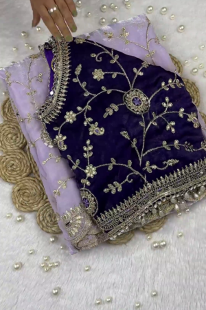 Royal Velvet Grape Blouse with Lilac Organza Saree Set