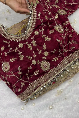 Ornate Wine Velvet Blouse with Intricate Golden Embroidery