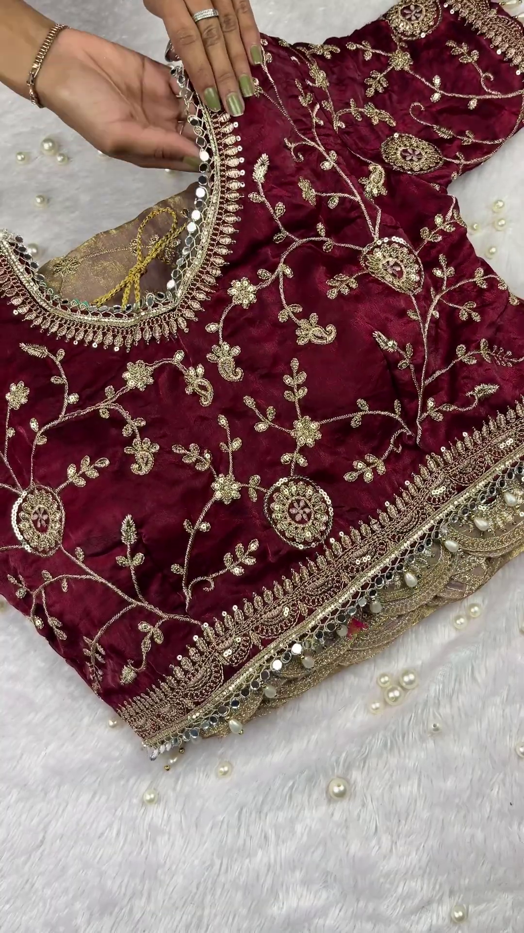 Ornate Wine Velvet Blouse with Intricate Golden Embroidery