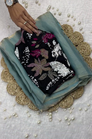 Midnight Black Floral Sequin-Embellished Blouse