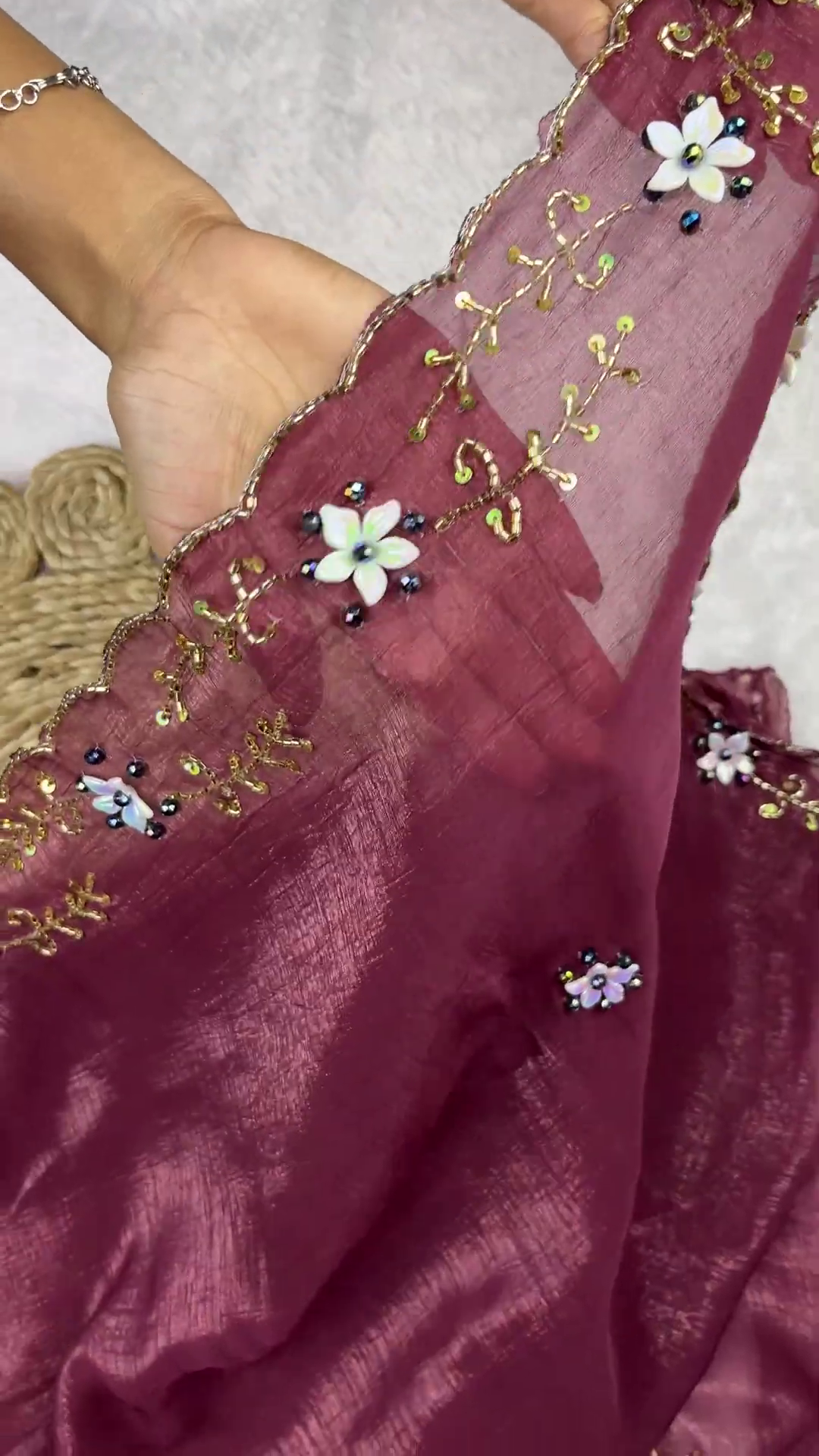 Mauve Silk Saree Set with 3D Floral Accents - Image 3